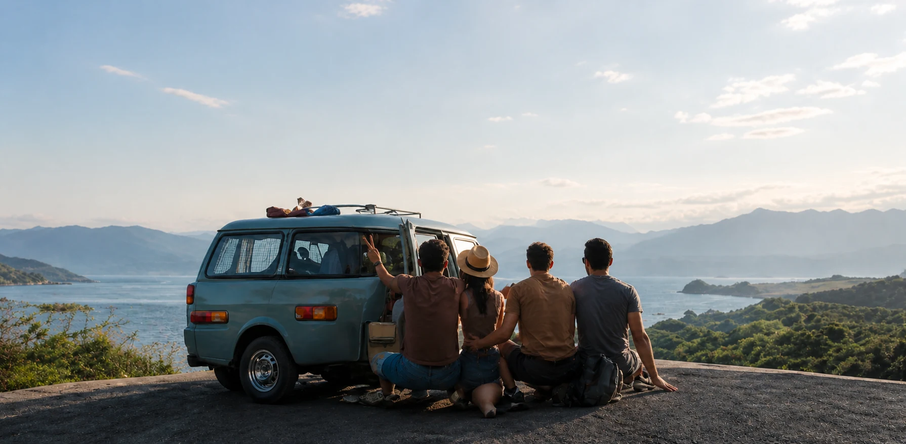 Friends at a van with mountain view
